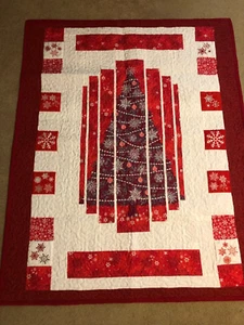 Lap Size Red Christmas Tree Holiday Handmade Quilt 62 x 48 Embroidered Snow New - Picture 1 of 10