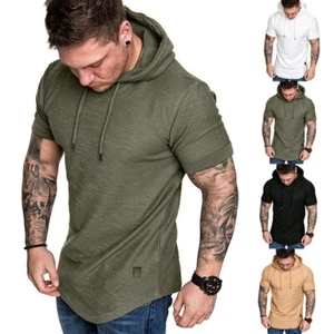 T-shirt uomo con cappuccio manica corta felpa regular fit maglietta palestra casual sport - Foto 1 di 15