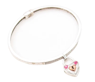 925 Silver  Ruby & Genuine Diamonds Padlock Charm Bangle Bracelet  BT3018 - Image 1 of 4
