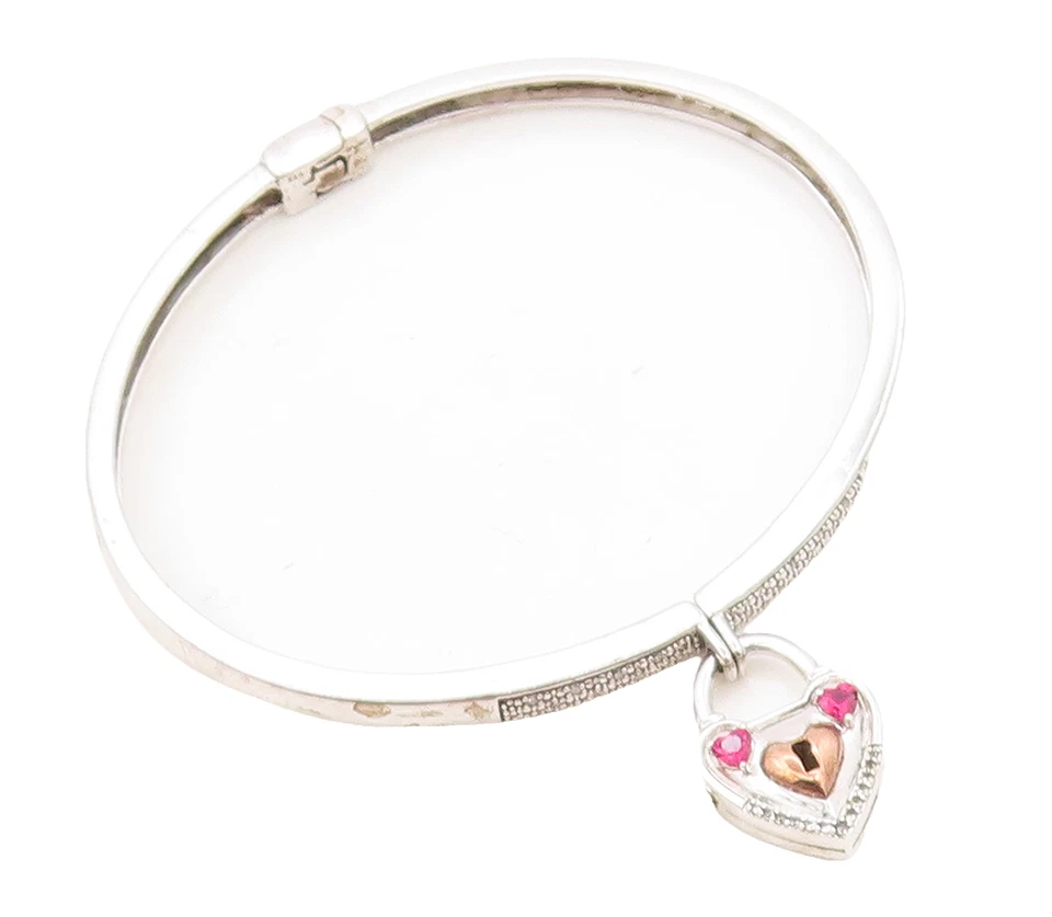925 Silver  Ruby & Genuine Diamonds Padlock Charm Bangle Bracelet  BT3018 - Image 1 of 4