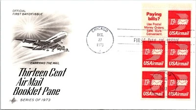 FDC 1973 SC #C83 Artcraft Cachet - Chicago, ILL - Block Of 5 + Label - F75227 - Image 1 of 2