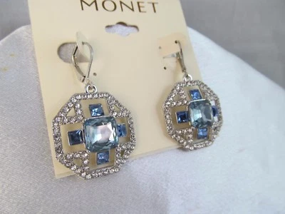 PENDIENTES COLGANTES MONET PLATA Y CRISTAL AZUL EN FORMA DE OCTÁGONO NUEVOS CON ETIQUETAS, Boda, Impresionantes Foto 1 de 4