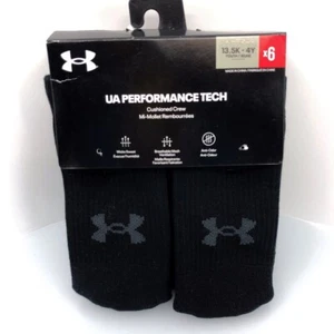 Under Armour Kids Performance Tech Crew Socks Size 13.5K-4Y Black 6 Pairs - Picture 1 of 3