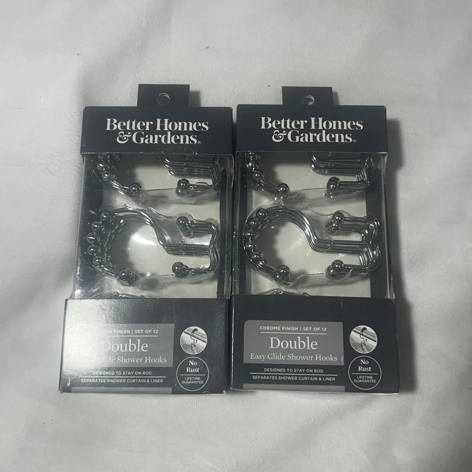 Better Homes & Gardens Chrome Double Easy Glide Shower Hooks Set 12 Open Package