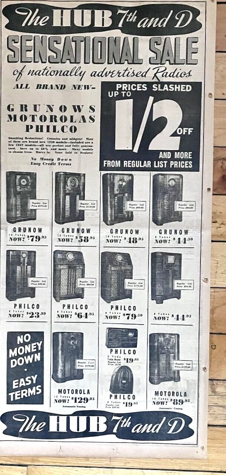 gran anuncio de periódico 1938 para radios - Grunow, Philco, venta de Motorola Foto 1 de 1