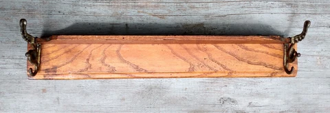 Antique Cast Iron & Oak Wood Wall Hanging 2 Hook Coat Hat Rack 19" Shelf Cover