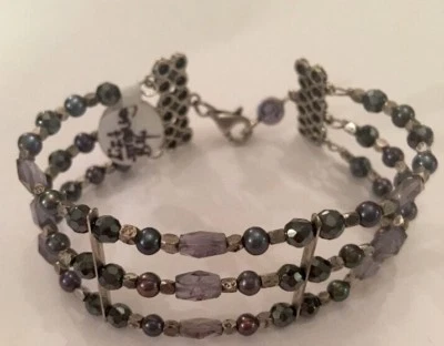 Pulsera de Hemitita y Iolita y Perla Gris Plata de Ley Tres Filas por L Shtromberg Foto 1 de 4