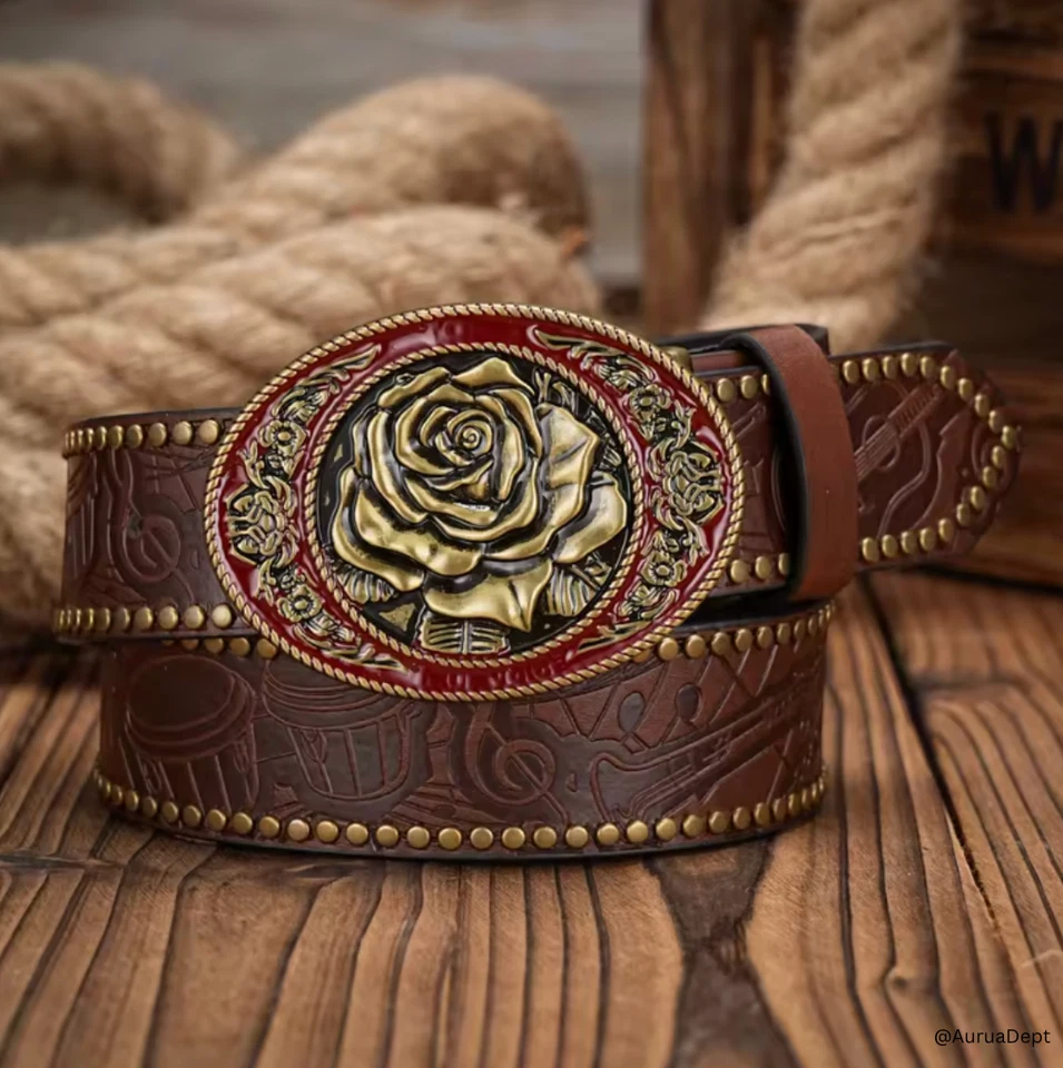 Cinturón con hebilla Western Rose vintage - 120 cm | Estilo cuero en relieve | Resistente Foto 1 de 4