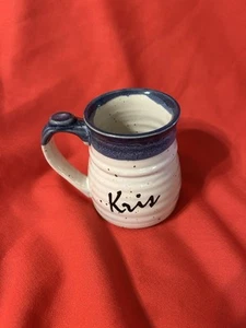 Stoneware Pottery Mug Tan Blue Handmade Coffee Mug Kris On Side - Picture 1 of 4