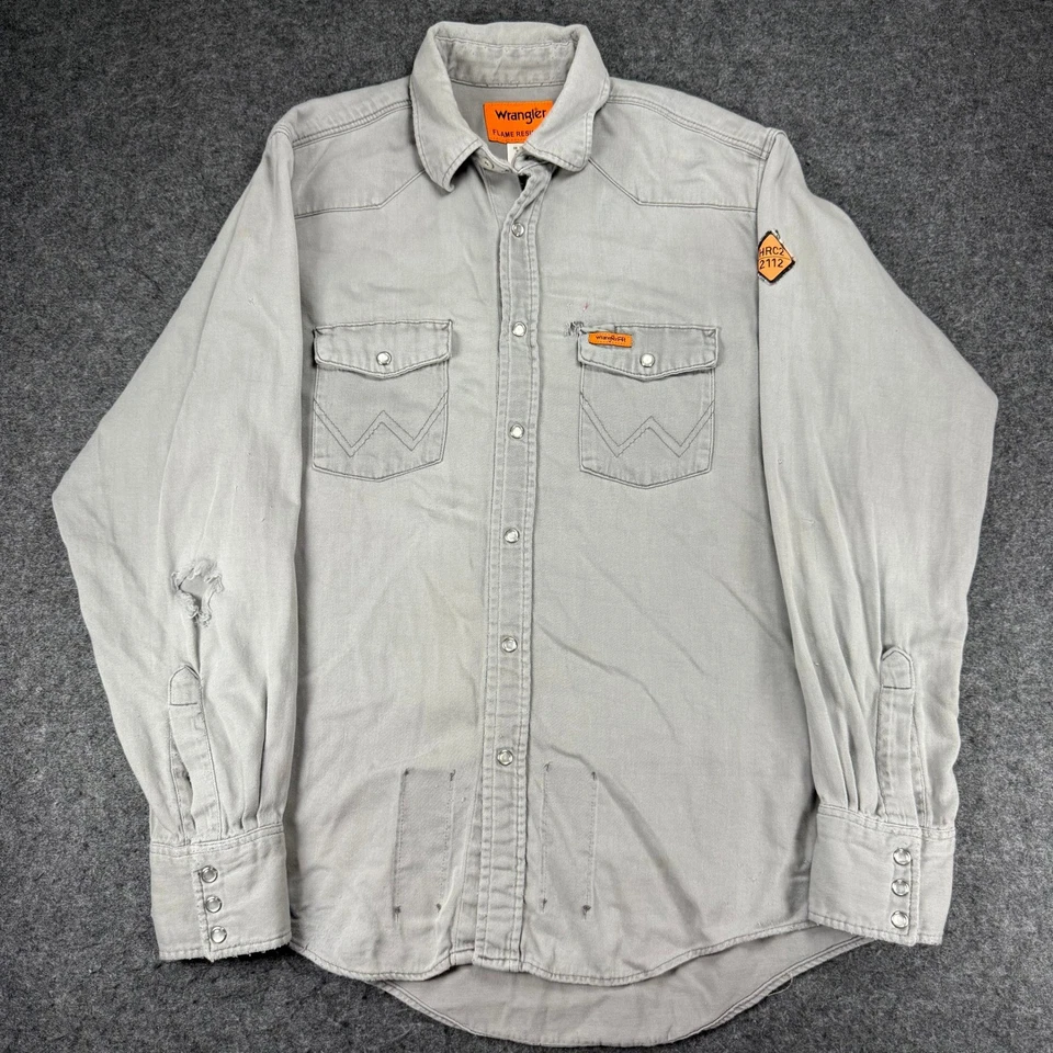 Wrangler Flame Resistant FR Work Shirt Western Gray HRC2 Pearl Snap Button Up - Image 1 of 4