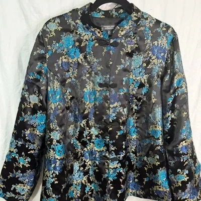 Vestido Colección Granero Inspirado Asiático Floral Negro Azul Satinado Plata Talla 18W Foto 1 de 4