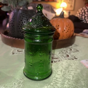 Vtg Empoli Glass Emerald Green Apothecary Jar with Lid Made in Italy 7” - Picture 1 of 9
