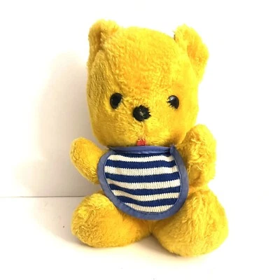 Vintage Knickerbocker Bean Bag Animals Toy Yellow Teddy Bear with Striped Bib 6" - Image 1 of 4