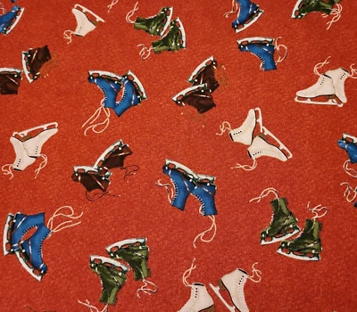 Winter Fun BTY Norman Rockwell Quilting Treasures Vintage Ice Skates Red - Image 1 of 3