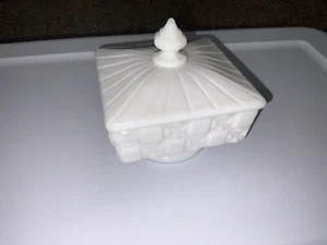 White Milk Glass Short Pedestal Square Covered Candy Dish With Star Pattern - Picture 1 of 6