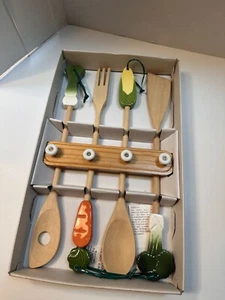 Vintage Wooden Kitchen Utensils Set With Ceramic Vegetable Handles And Hanger - Picture 1 of 5