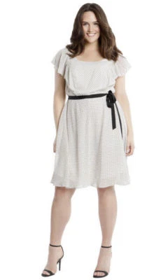 Vestido para mujer Adrianna Papell marfil/negro a lunares de gasa talla 14W Foto 1 de 4