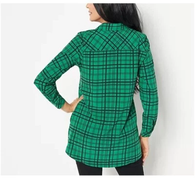 Camisa túnica tejida a cuadros frontal con botones de fin de semana Susan Graver talla XXS verde NUEVA Foto 1 de 4