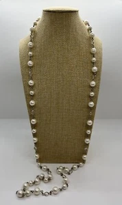 44” Ann Taylor Faux Pearl & Rhinestone Long Necklace Silver Tone Classic - Picture 1 of 9