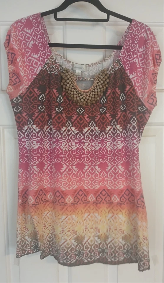 DRESSBARN women's  Cap Sleeve Multicolor Boho Style Top W/Beaded Accent S Foto 1 de 4