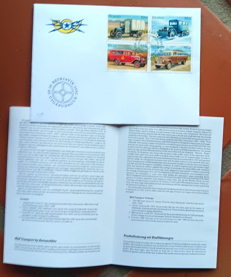 ICELAND #759A MAIL TRANSPORT BY TRUCK CAR BUS 1992 SET FDC +INFO BROCHURE UNADDR - Image 1 of 1