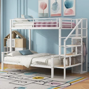 Twin over Full Size Metal Bunk Bed with Storage Staircase and Open Wardrobe,Whit - Picture 1 of 12