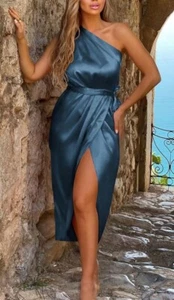 Womens 2024 Summer Ruched Bodycon Dress Dark Blue Sleeveless One Shoulder~ XL - Picture 1 of 5