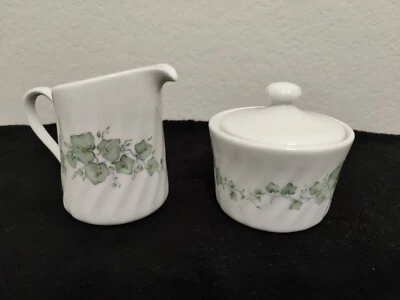 New Without Box Corelle Callaway Green Ivy Swirl Sugar Bowl  & Cream Creamer  - Image 1 of 4
