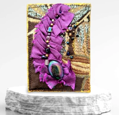 Love in Purple Metal Charm Beads Cloth Artist Signed Trade Card Handmade - Image 1 of 4