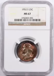 1952-S Washington Quarter Silver 25C NGC MS67 Toned - Picture 1 of 2