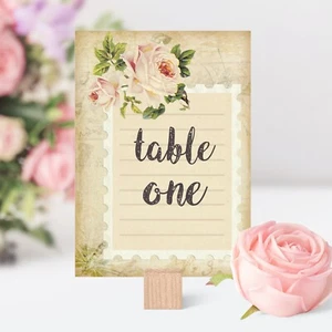 ~TARJETAS DE NÚMERO DE MESA DE BODA ESTILO VINTAGE ~ POSTAL SELLO ROSA SHABBY CHIC - Imagen 1 de 5