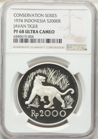 Indonesia 2000 Rupees 1974 NGC PF 68 Ultra Cameo Tiger Cover
