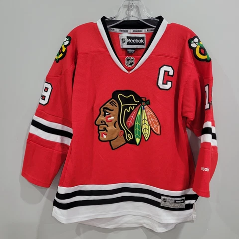 Reebok Premier NHL Chicago Blackhawks Johnathon Toews 19 Jersey Youth L XL Sewn Cover