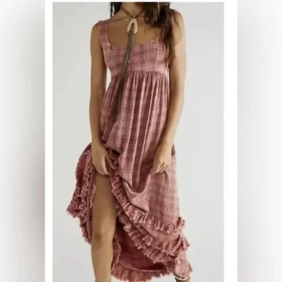 Free People Lily Anne Maxi Dress Plaid Ruffle Hem Back Tie Rose Terracotta XL - Image 1 of 4