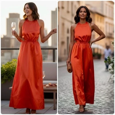 Nuevo con etiquetas Maxi Vestido Staud Talla S Naranja Rojo Cuello Halter Satinado Sin Espalda Cintura Elástica Foto 1 de 4