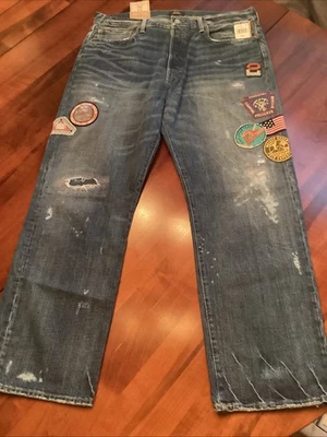 NUEVO CON ETIQUETAS Polo Ralph Lauren Vintage Calce Clásico Pantalones de mezclilla desgastados Parches 36 X 32 $298 Foto 1 de 4