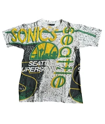 Vintage 90s Magic Johnson Seattle Supersonics AOP NBA Shirt Size Small RARE - Image 1 of 4