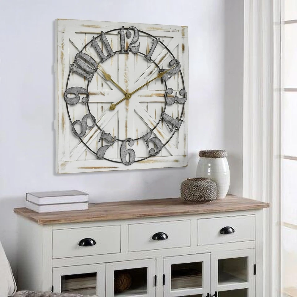 Large Farmhouse Wall Clock – 24 Inch Square Rustic Wooden Clock with  - Image 1 of 4