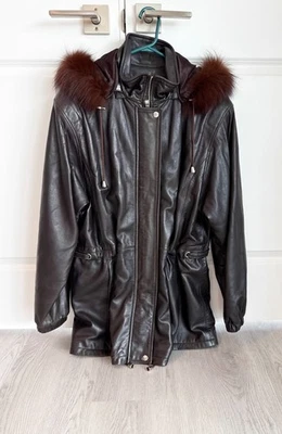 Images By Damselle NY Brown Leather Fur Trim Size Large Womens Coat - Image 1 of 4