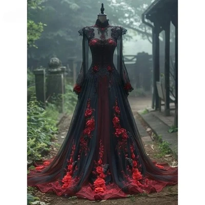 Vestidos de novia góticos rojos y negros apliques florales 3D encaje vintage manga acampanada Foto 1 de 4