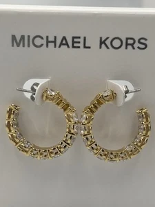 MICHAEL KORS  Gold Plated Hoop Earrings MK Logo & Large Crystals - Picture 1 of 18