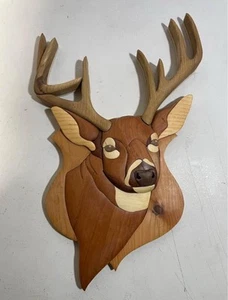 Placa de cabeza de ciervo de madera con intarsia arte de pared decorativo colgante - Imagen 1 de 7