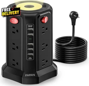 Surge Protector Power Strip Tower with 5 USB Ports and Night Light 10Ft Exten... - Picture 1 of 6
