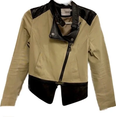 DOMA Designer Moto Jacket CONVERTIBLE Leather Khaki Zipper Coat Cropped Blazer S - Image 1 of 4