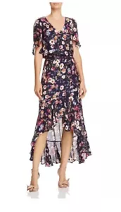 Parker Dress Blue Demi Floral Pattern Silk Viscose Faux Wrap Dress Navy Sz m - Picture 1 of 11