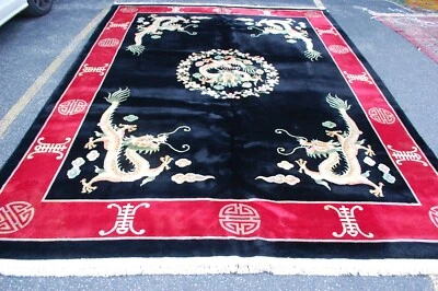 c1940s ANTIQUE ART DECO WALTER NICHOLS CHINESE RUG 9'x12'2" DROGEN DESIGN, BLACK - Image 1 of 4