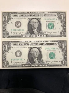 2 MATCHING SN 00034653 UNC 1963A $1 DOLLAR Fr 1901-C D* STAR Very Rare! - Picture 1 of 3