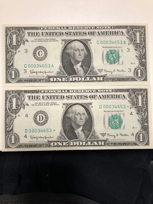 2 MATCHING SN 00034653 UNC 1963A $1 DOLLAR Fr 1901-C D* STAR Very Rare! - Image 1 of 3