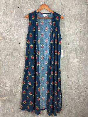 LulaRoe Size M Green Floral Rose Print Long Joy Duster Sleeveless Knit Vest - Image 1 of 4