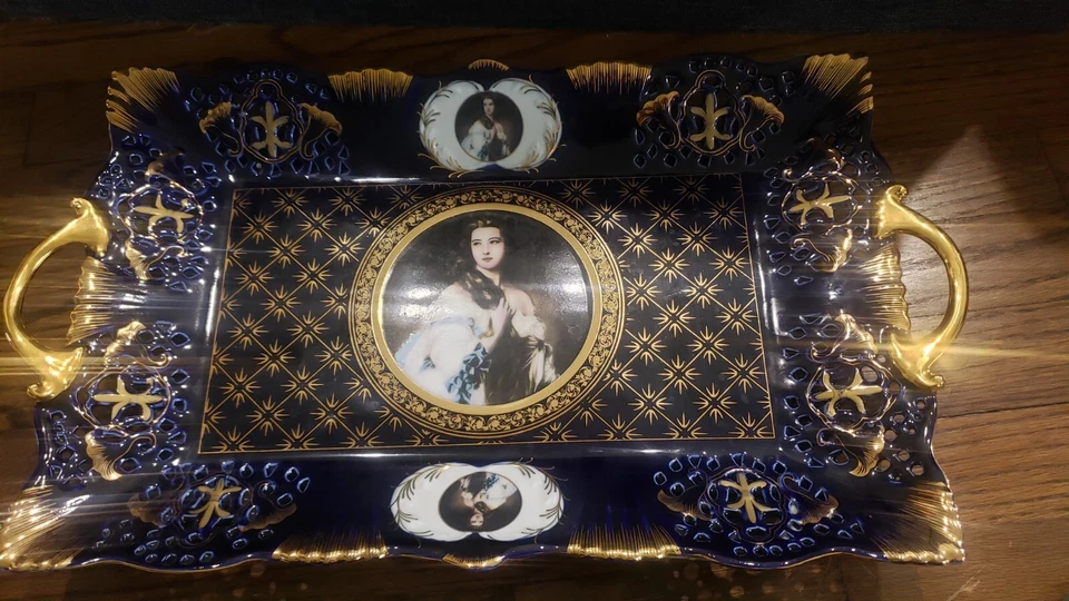 Vintage Regency Porcelain Replica, Cobalt Blue Gold Serving Tray Porcelain - Image 1 of 4